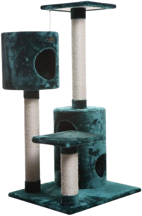 HomeStock 3-level dark green faux fur cat condo with two playhouses and perches