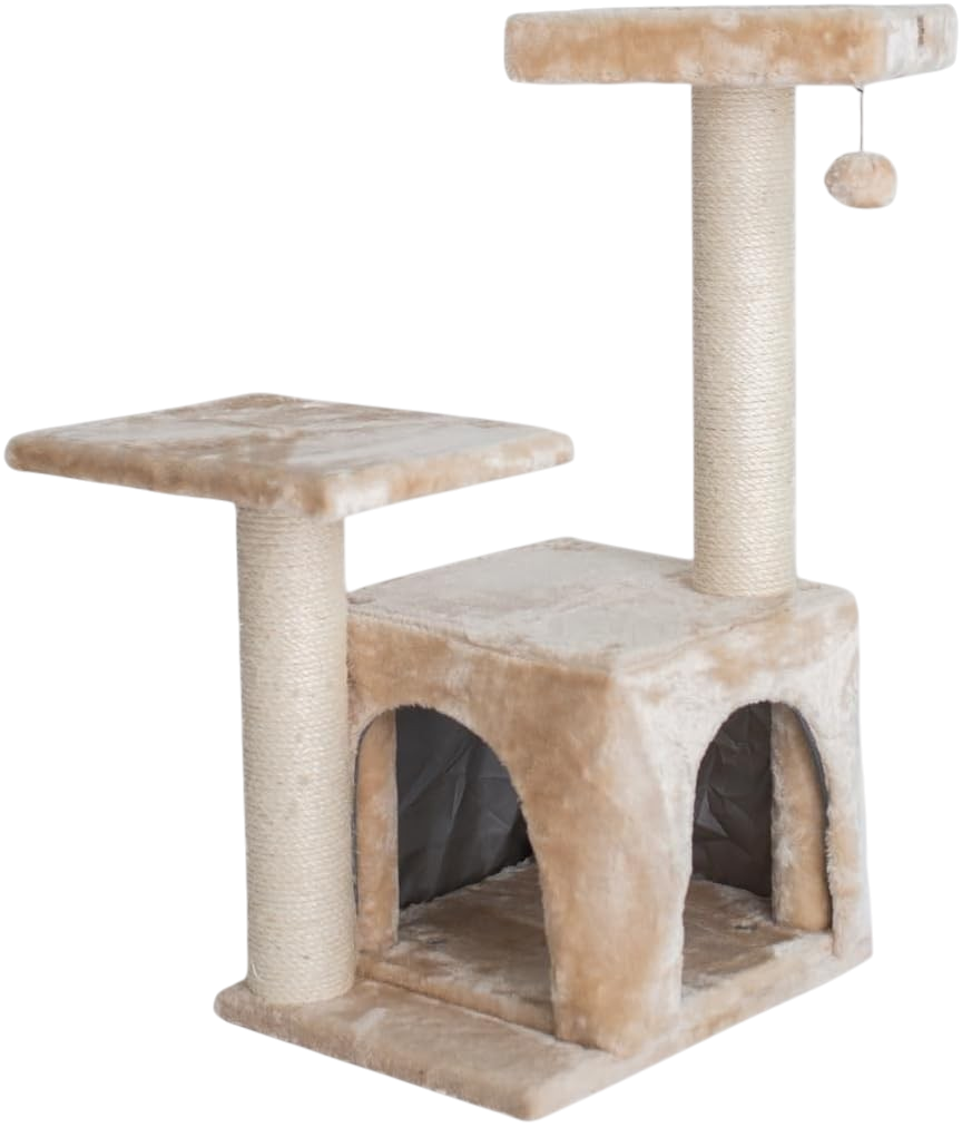 HomeStock 32" beige wood cat condo with scratching post and perches for kittens
