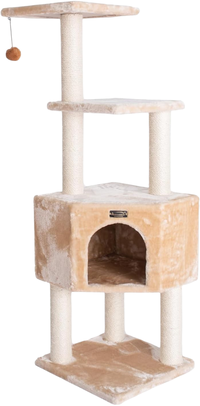 HomeStock 48" 3-level real wood beige cat tower with sisal scratching post